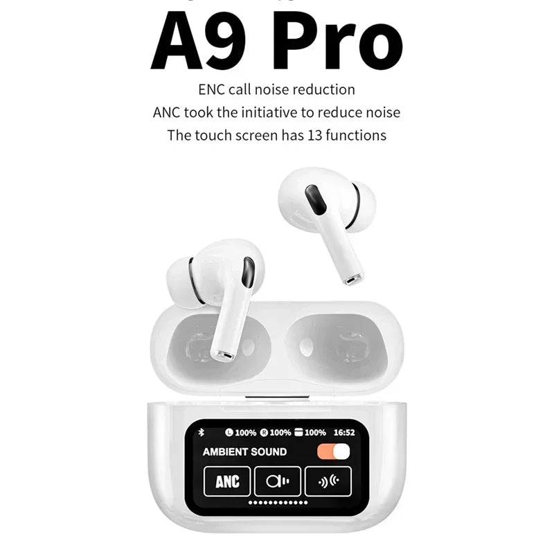 New A9 Pro Earphones Wireless Bluetooth 5.4 Headset ANC Noise Reduction HD Mic Call Earbuds LED Touch Screen Control Headphones