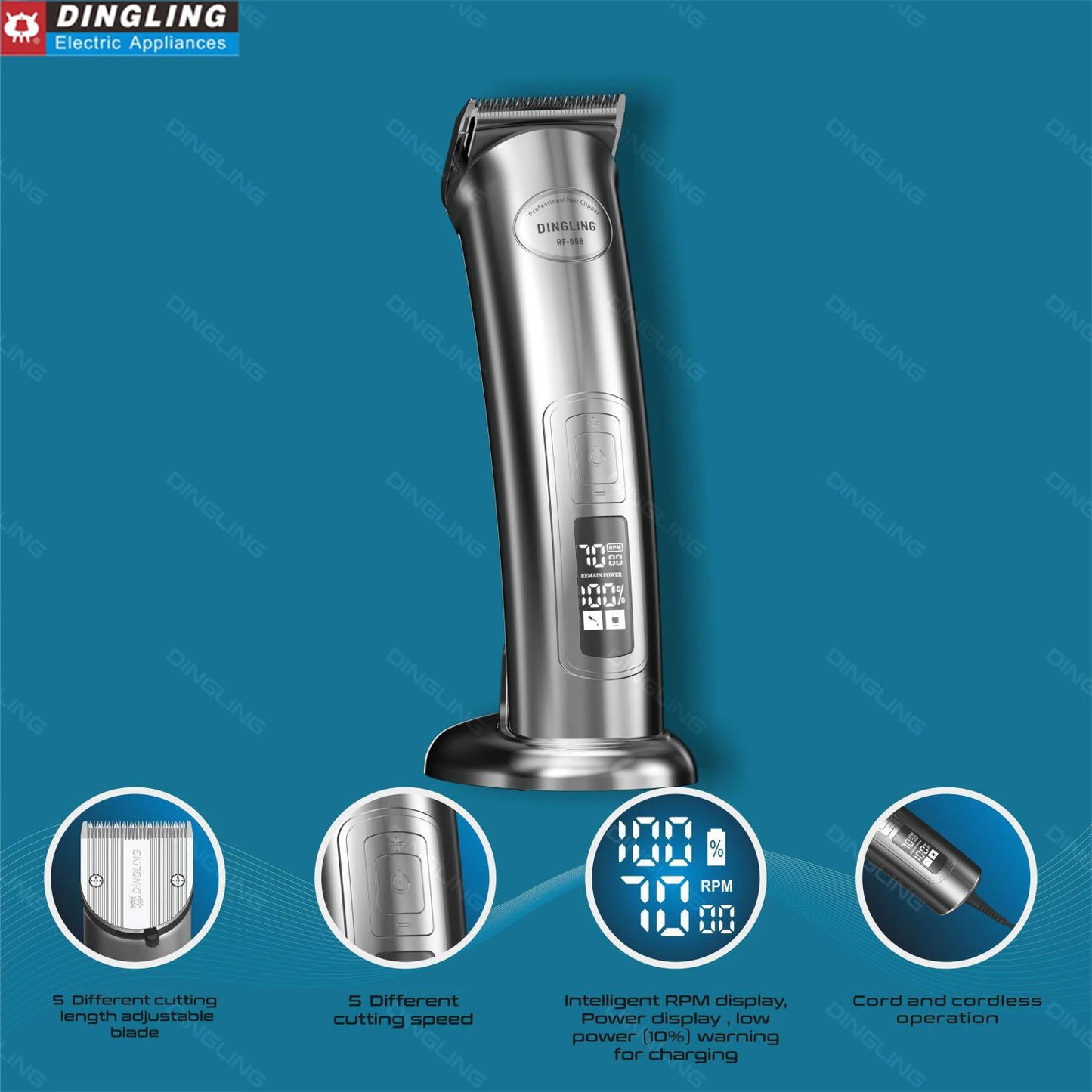 DINGLING RF-696 Hair Clipper Mens Beard Trimmer Professional Cordless Rechargeable Hair Cutter Kit Barber Shop Strong Power