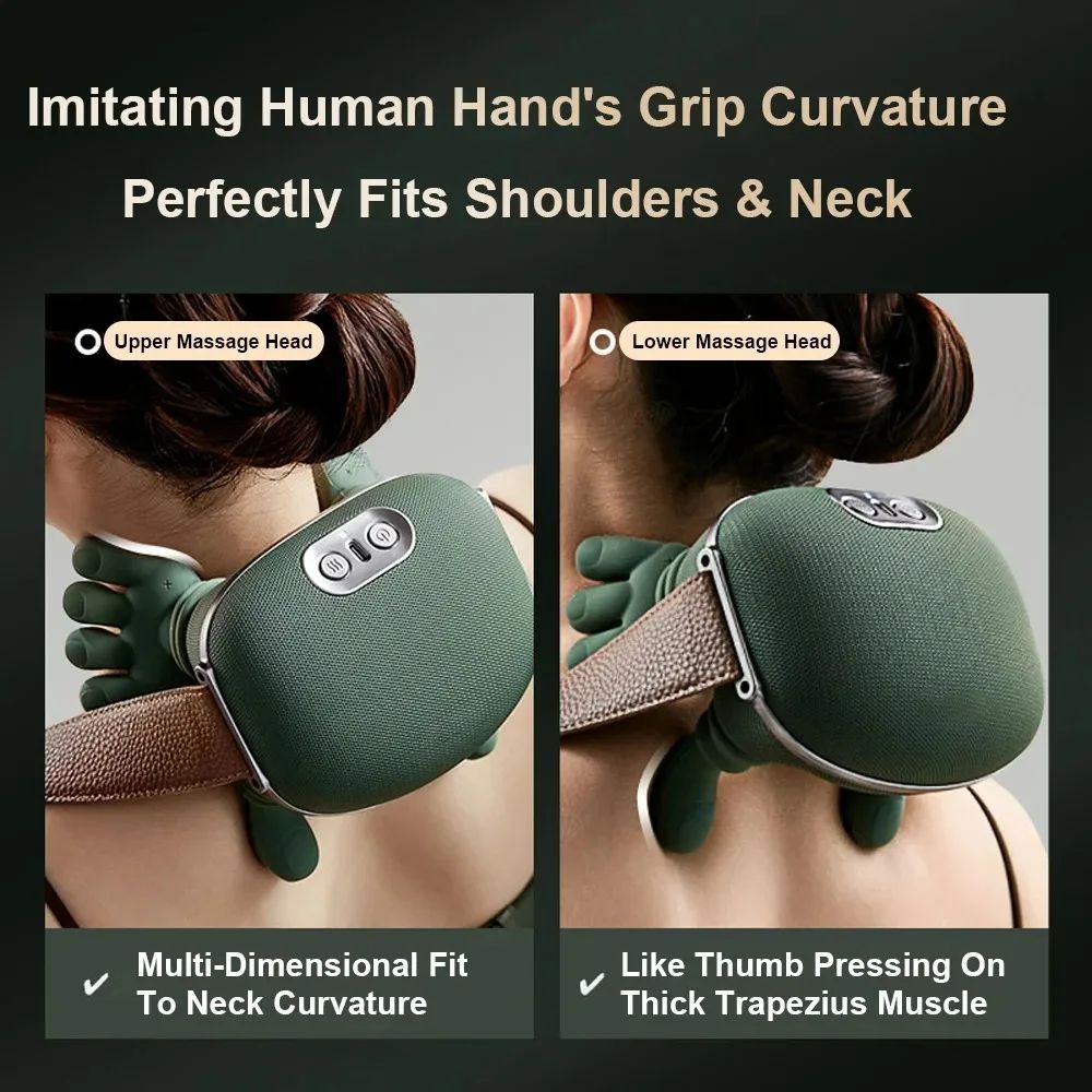 Split-screen product feature image demonstrating the multi-dimensional fit of the upper massage heads against the neck curvature and the lower thumb-like nodes pressing into the thick trapezius muscle.