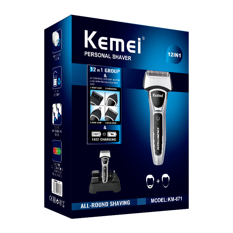 Kemei km-671 12 In 1 Electric Shaver Men Hair Beard Nose Trimmer Mesh foil Razor Rechargeable Hair Clipper Shaving Machine Body Groome