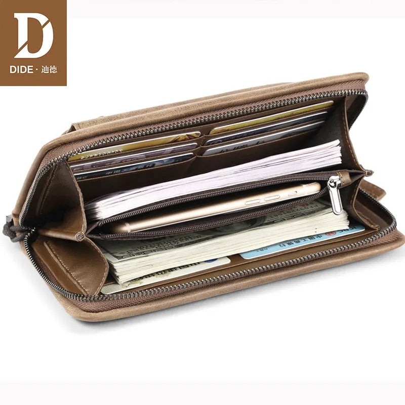 DIDE 100% Top Genuine Cowhide Leather Men Long Wallet Coin Purse Vintage Male Large Capacity Clutch Wallets Purse Card Holder