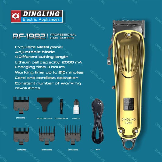 DingLing rf-1982 Gold Metal Barber Professional Hair Clipper Electric Cordless LCD Hair Trimmer Hair Cutting Machine rf 1982