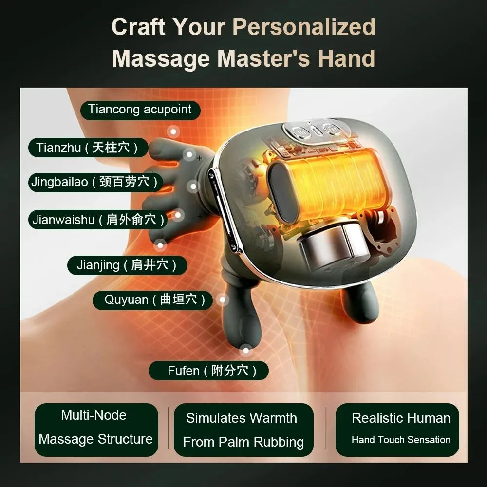 Infographic diagram of the N7 electric massager showing its internal heating elements and 4D node positioning mapping onto cervical acupuncture points including Tianzhu, Jianjing, and Fufen for targeted pain relief.