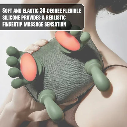 Close-up of the underside of the N7 massager highlighting the 30-degree flexible food-grade silicone nodes shaped like human hands, with red glowing zones illustrating the palm heat therapy feature.