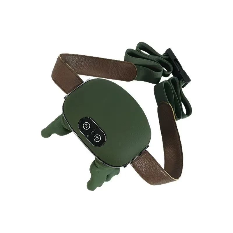 Top-down view of the N7 Massage Master cordless device featuring an olive green shell with power and heat control buttons, a premium brown leather shoulder strap, and soft green massage nodes.