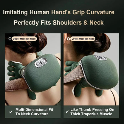 Split-screen product feature image demonstrating the multi-dimensional fit of the upper massage heads against the neck curvature and the lower thumb-like nodes pressing into the thick trapezius muscle.