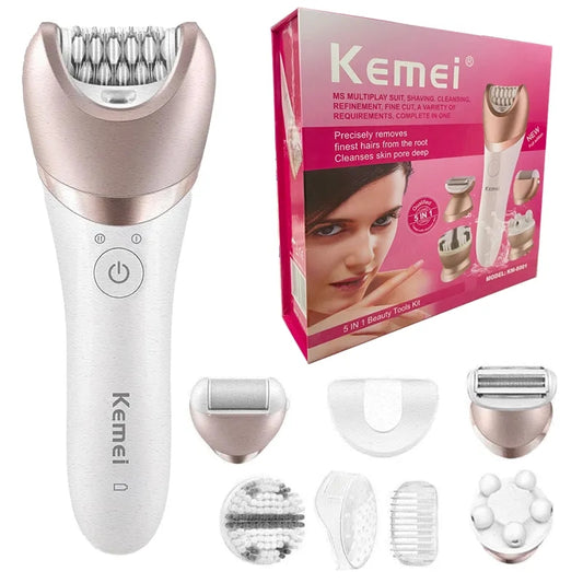 kemei km-8001 5in1 women epilator electric female shaver facial body hair removal rechargeable lady razor legs underarms wet&dry